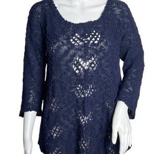 Anthropologie Knitted & Knotted Open Knit Sweater Blue Sheer Chiffon Sides 3/4 M